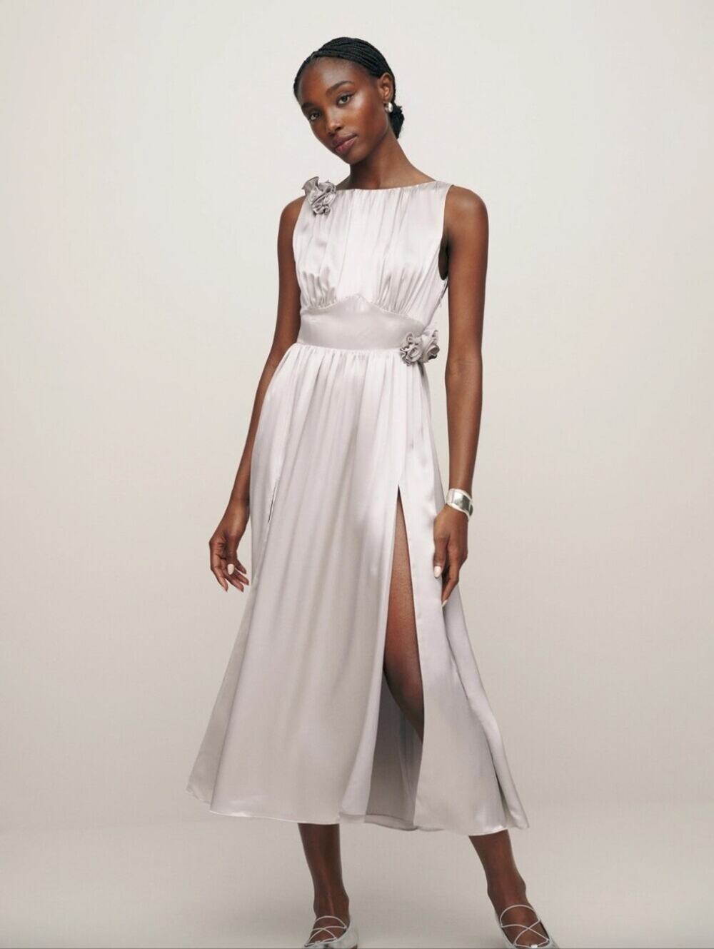 Reformation 100% Silk Satin Midi Dress Silver Sz 16 NWT